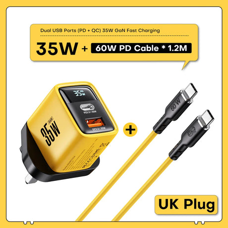 Yellow and black dual USB port fast charging adapter with a UK plug and accompanying USB-C cable.