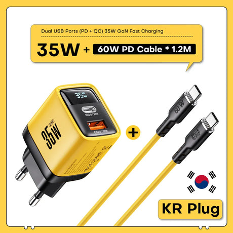 Yellow and black dual USB fast charging adapter with a 60W PD cable and Korean plug.