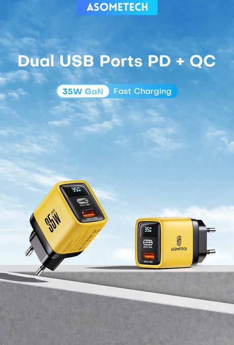 Yellow and black dual USB charger with PD and QC fast charging capabilities.