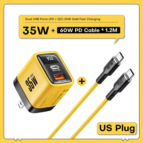 Yellow and black dual USB port fast charging adapter with a digital display and accompanying USB-C cable.