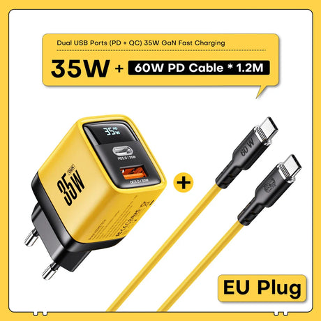 Yellow and black dual USB port fast charger with a digital display and accompanying USB-C cable.