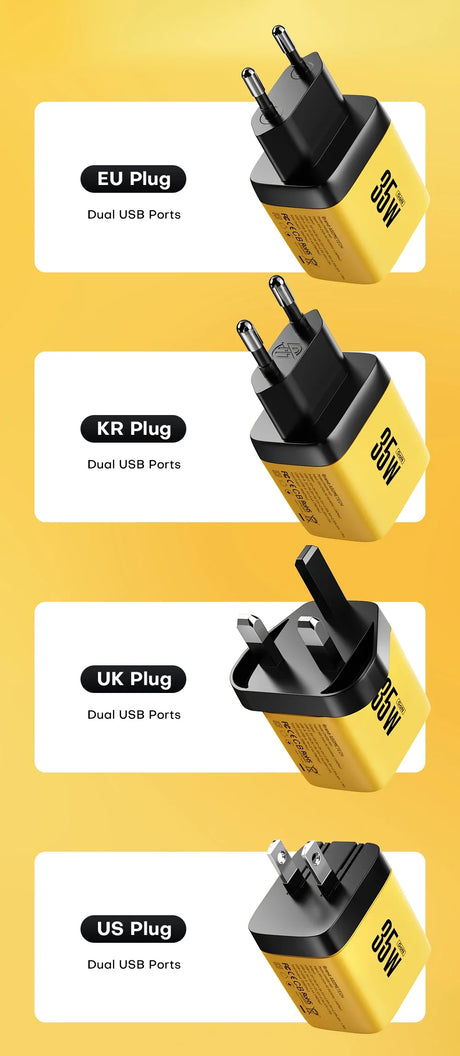 Yellow and black dual USB port wall chargers with different plug types for various countries.