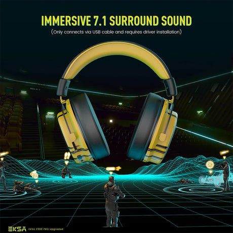 Yellow and black gaming headphones with an over-ear design.