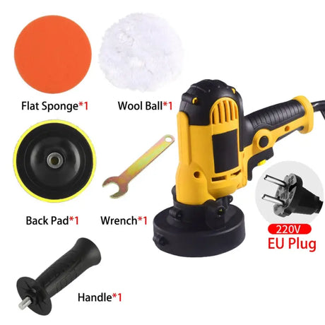 a picture of a yellow and black polisher with a few tools