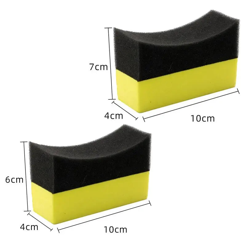 two yellow and black sponges with measurements for each of them
