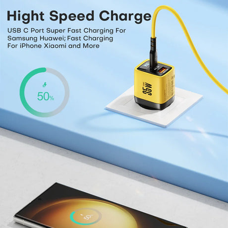 Yellow and black USB-C fast charging adapter with multiple ports.