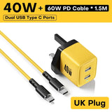 a yellow and black usb charger with a cable connected to it