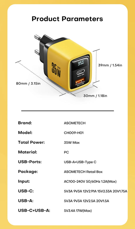 Yellow and black USB wall charger with digital display and multiple ports.