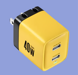Yellow and black USB wall charger with two ports labeled 40W.