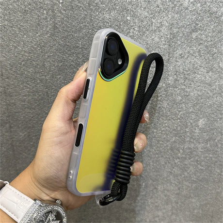 Yellow and blue gradient phone case with black lanyard.
