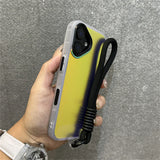 Yellow and blue gradient phone case with black lanyard.