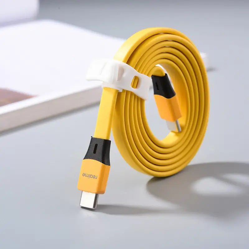 a yellow usb cable with a white cord