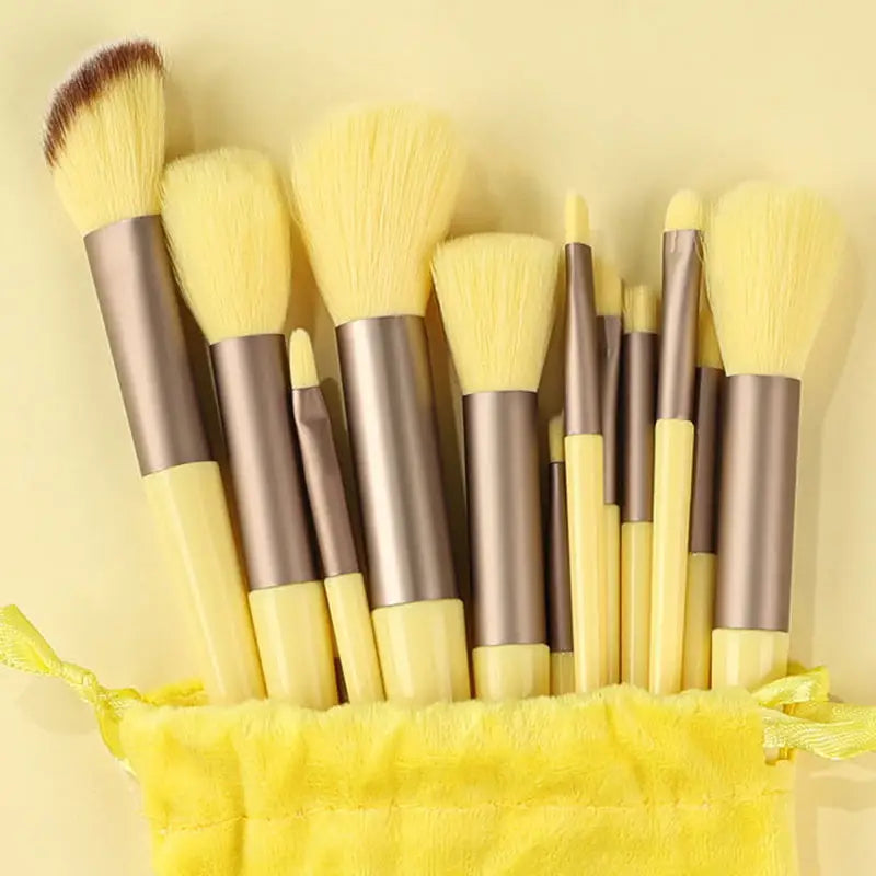 a bunch of makeup brushes in a yellow bag