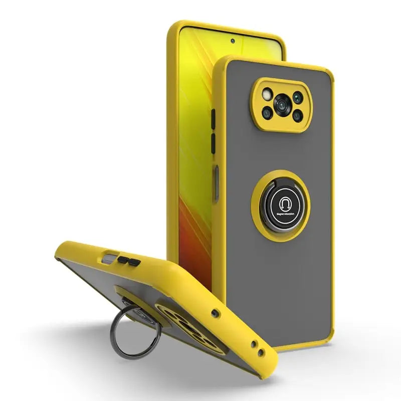 the yellow case is attached to the back of the phone