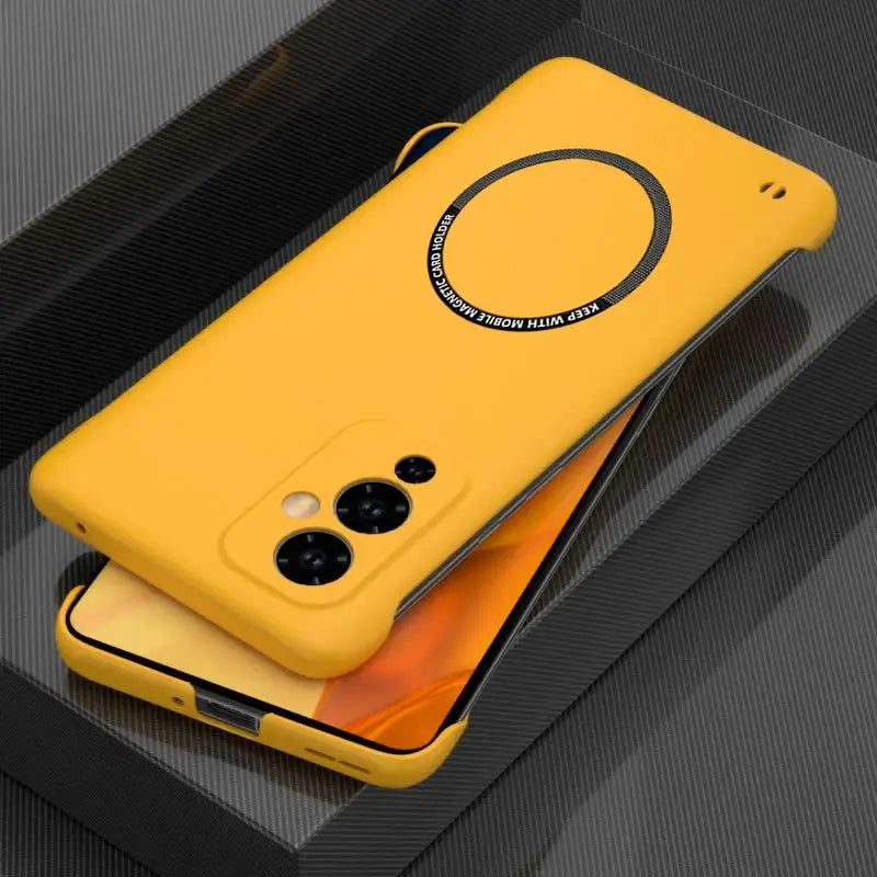 the yellow case is shown on the back of the phone