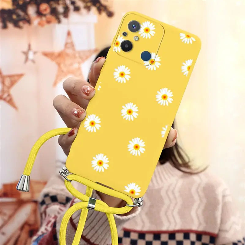 yellow daisy phone case with a yellow cord