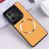 Yellow fabric-textured phone case with a black camera module cutout and a gold magnetic ring.
