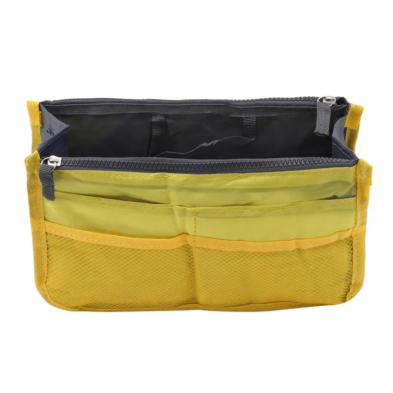 the yellow and grey zippered pouch is open and has two compartments