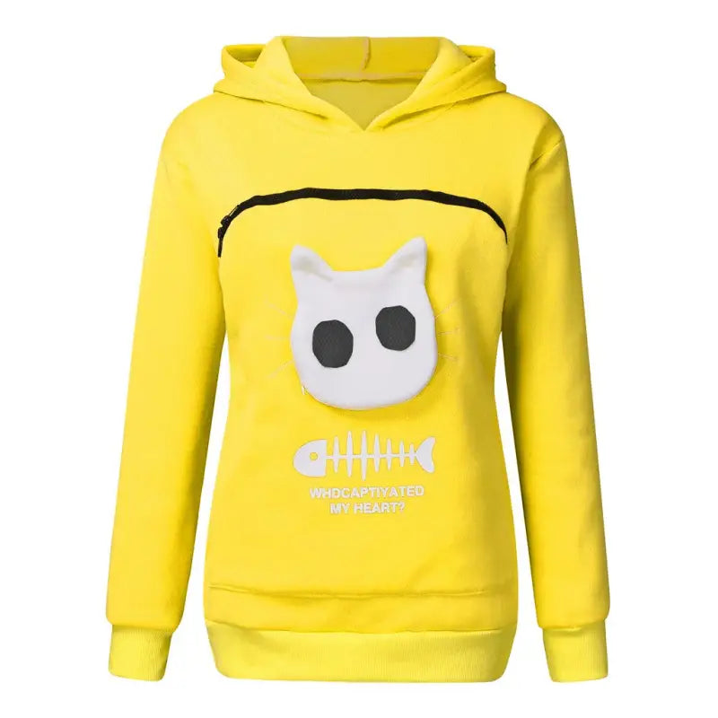 a yellow hoodie with a white cat on it