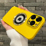 Yellow iPhone case with a magnetic ring and camera lens protector.