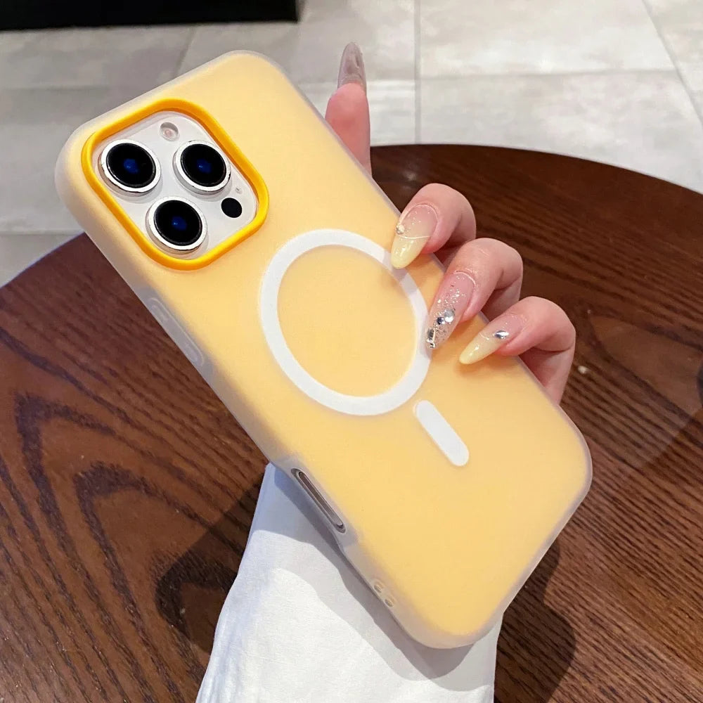 Yellow iPhone case with a magnetic charging ring and camera protection.