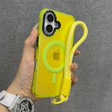 Yellow iPhone case with a MagSafe ring and wrist strap.