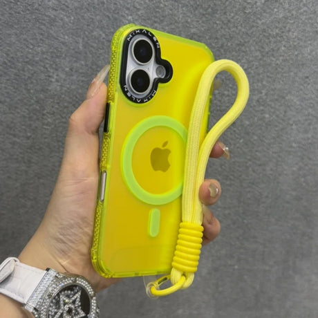 Yellow iPhone case with a MagSafe ring and wrist strap.