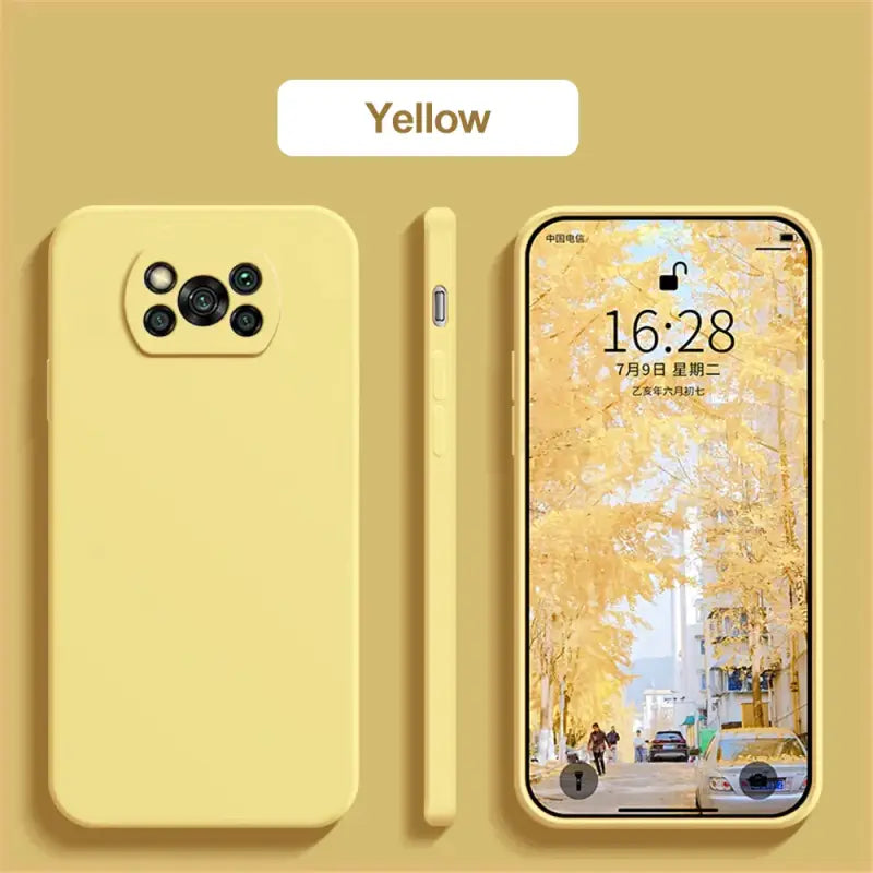 the yellow iphone case is shown with the front and back of the phone