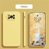 The yellow iphone case is shown with the front and back of the phone