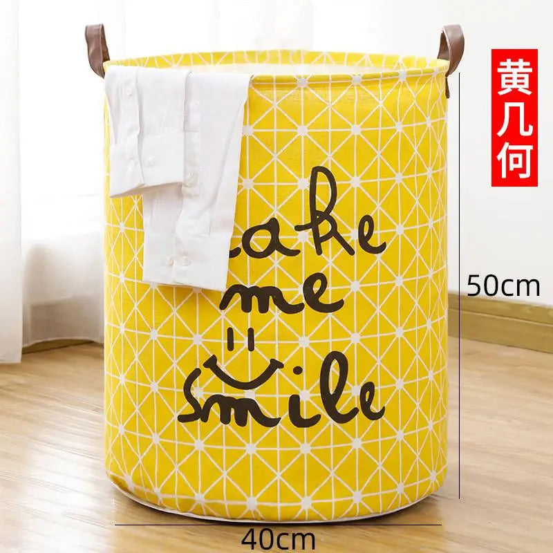 a yellow laundry basket with a white towel on it