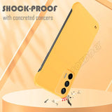 there is a yellow phone with a broken screen on a table