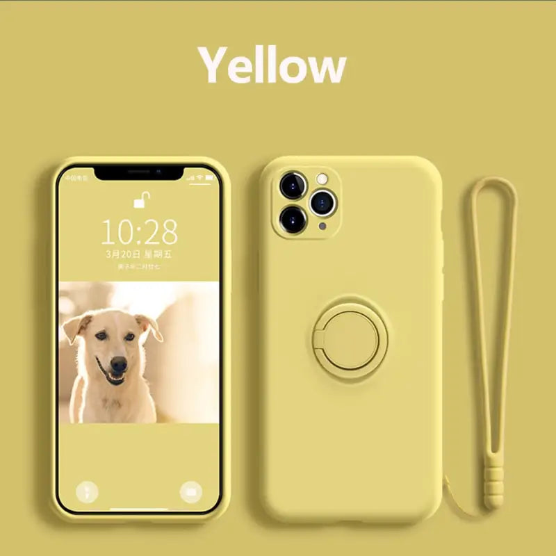 a yellow phone case with a dog on it