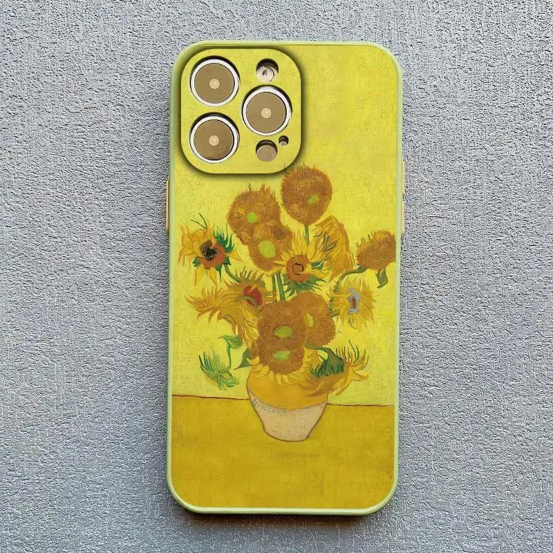a yellow phone case with a painting of sunflowers
