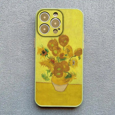 A yellow phone case with a painting of sunflowers