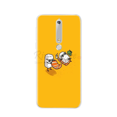Yellow phone case with sushi design.