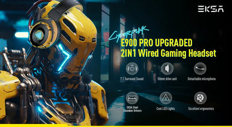 Yellow robotic figure with glowing blue eyes wearing a gaming headset.