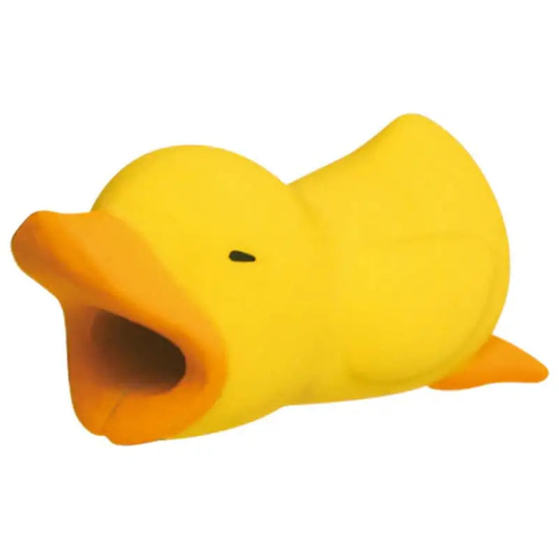 a yellow rubber duck toy with its mouth open