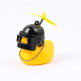 a yellow rubber duck with a black helmet and chain