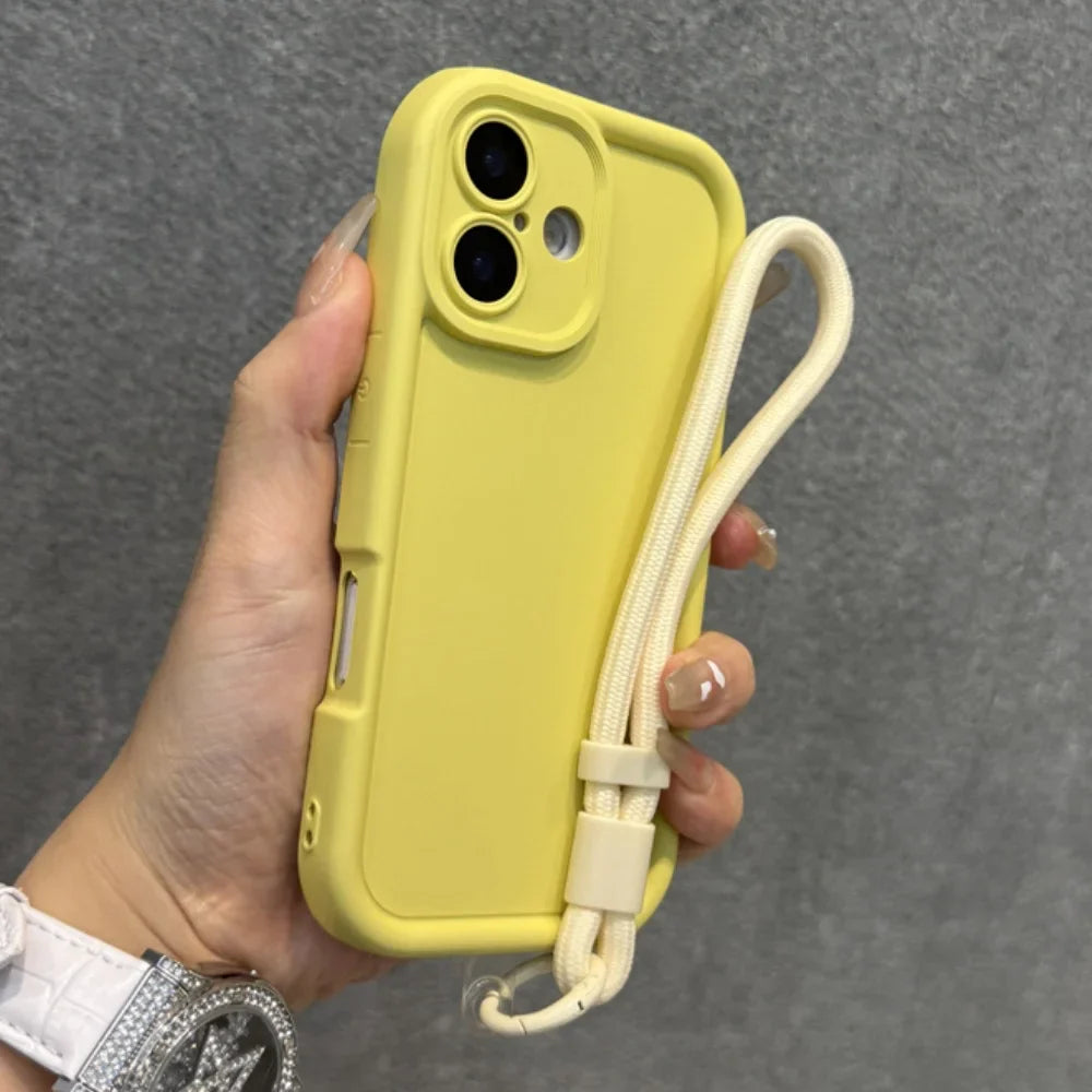 Yellow smartphone case with an attached wrist strap.