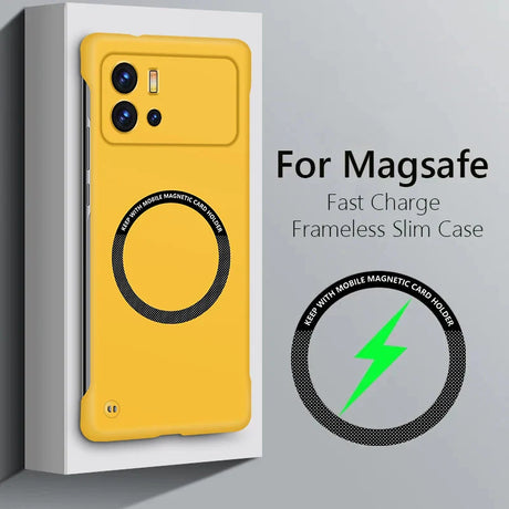 Yellow smartphone case with a circular magnetic charging area and dual camera cutout.