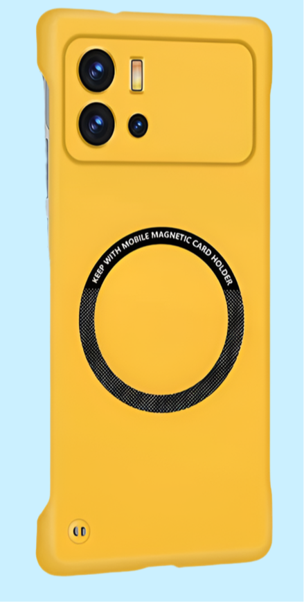 Yellow smartphone case with a circular design and dual camera lenses.