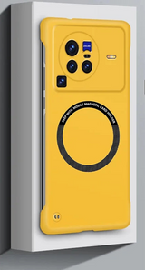 Yellow smartphone case with a distinctive circular design and multiple camera cutouts.