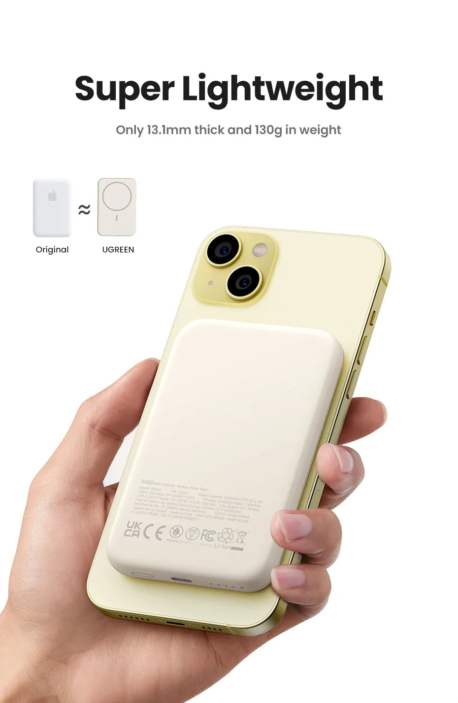 Yellow smartphone with a dual-camera system being held by a hand.