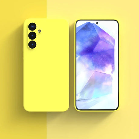 Yellow smartphone with a triple camera setup and a colorful display.