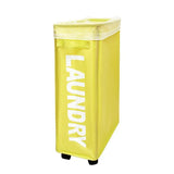 the yellow laundry bin is a plastic bin with a white logo on it