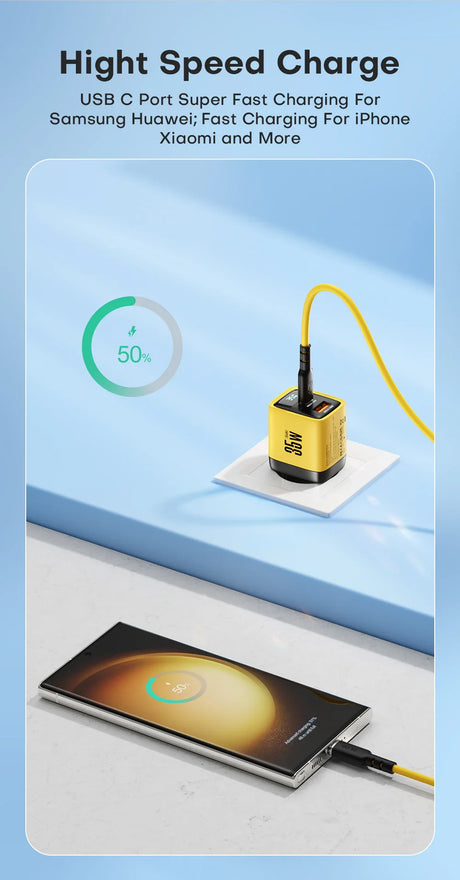 Yellow USB-C fast charging adapter with a connected cable.