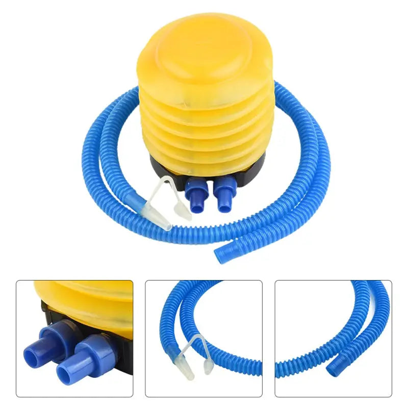 a yellow plastic water pump with blue hose