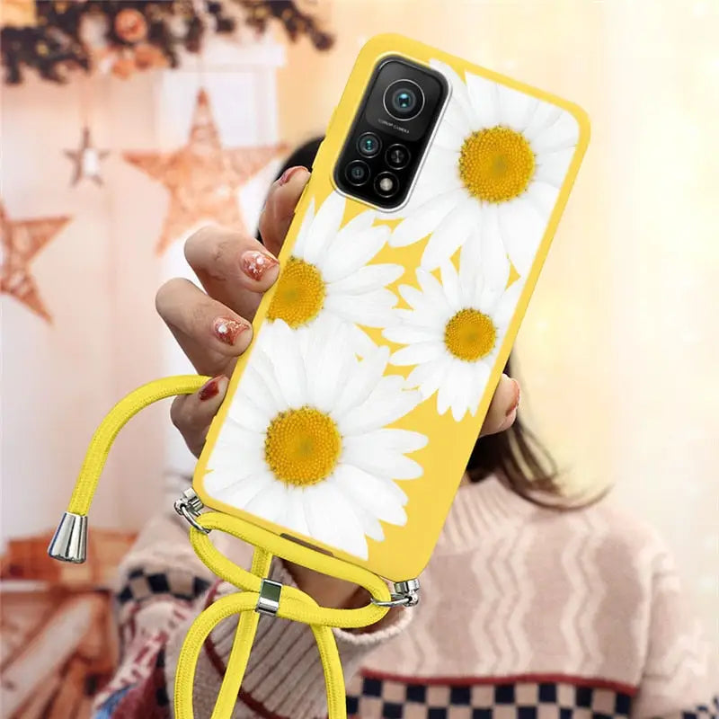 yellow and white daisy phone case with yellow cord