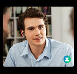 Young man wearing a light blue shirt and a wireless earpiece.