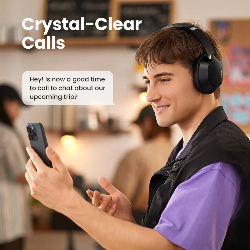 Young person wearing headphones and looking at a smartphone, with text overlay about ’Crystal-Clear Calls’.